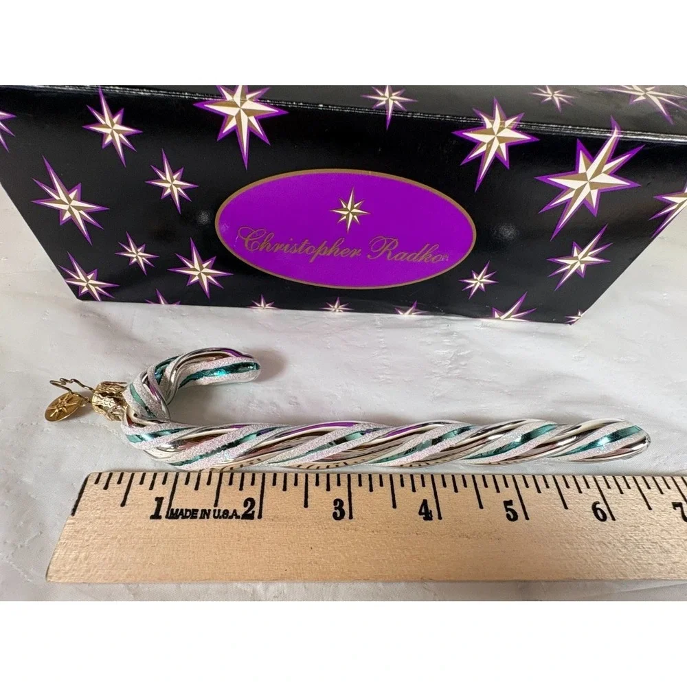 Christopher Radko Striped Glass Vintage Candy Cane Ornament Mint & Silver RARE